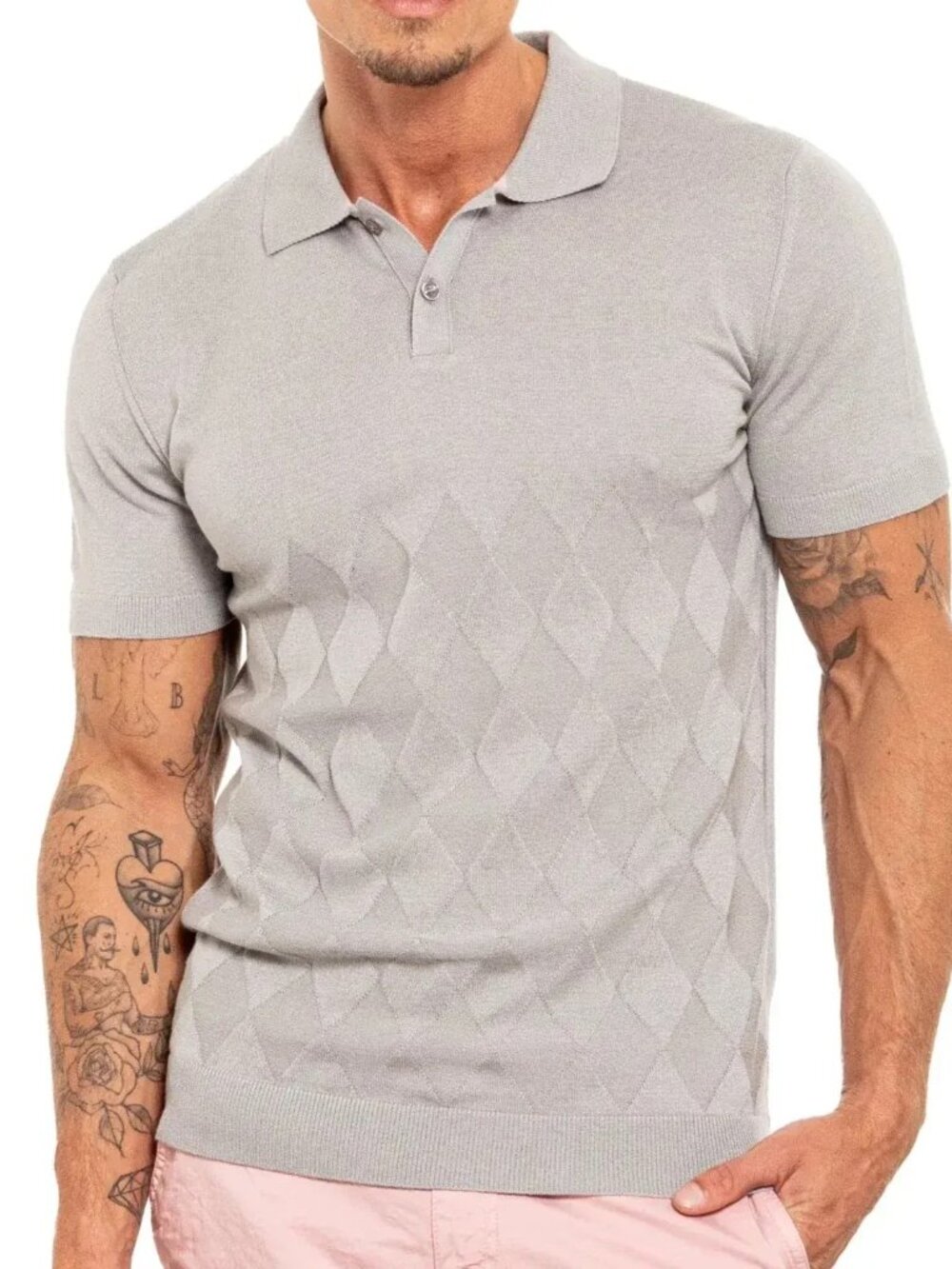 Eight X Grey Argyle Print Shortsleeve Knit Polo